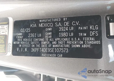 2025 Kia K4 Lxs from USA, damaged, VIN 3KPFT4DE9SE107573